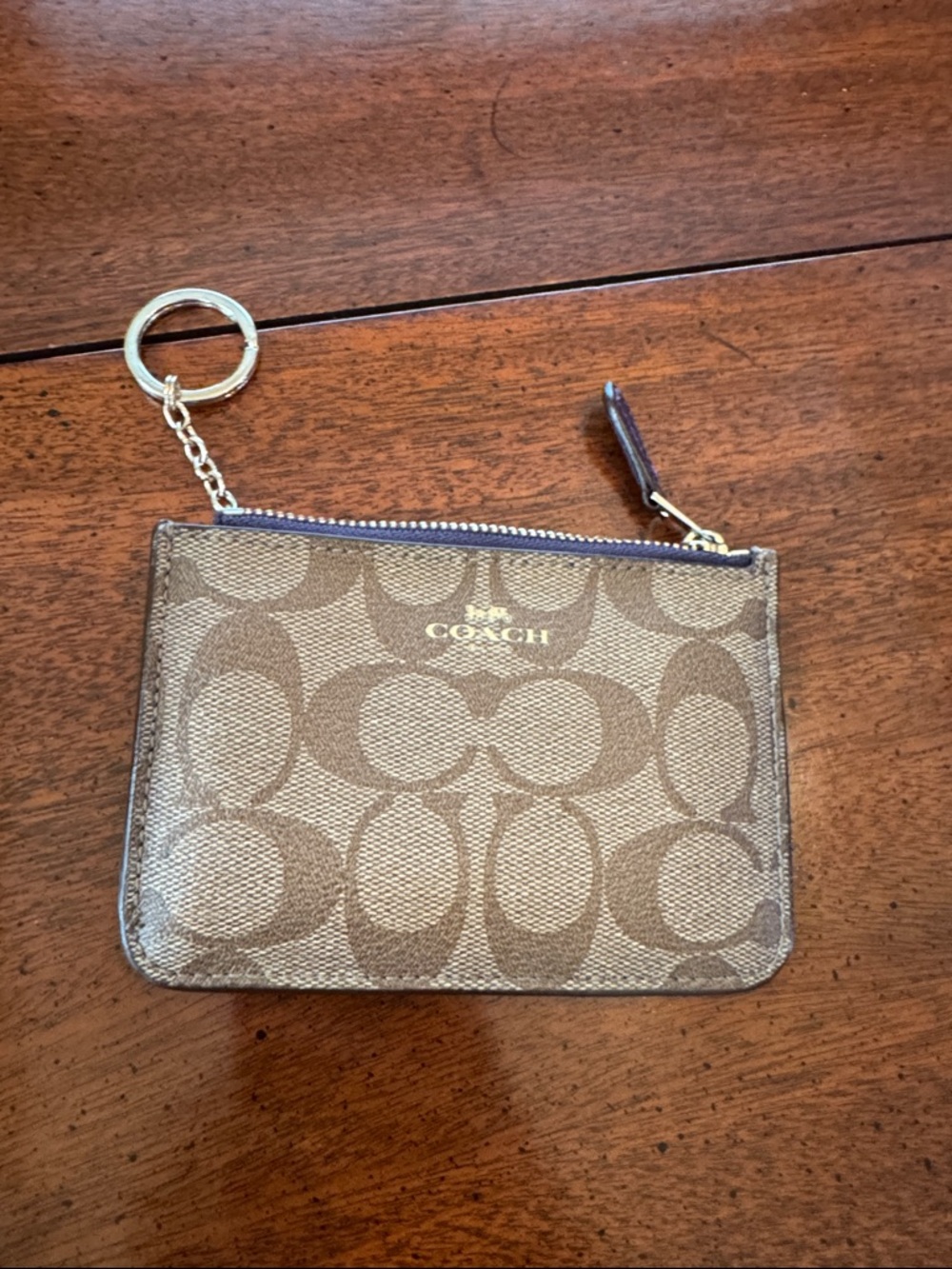 Coach Signature Canvas Zip Card Pouch with Keyring - Brown/Tan